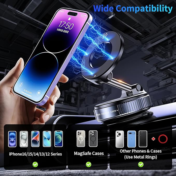Magnetic Car Phone Holder for Magsafe [96+LBS Suction & 2800gf Magnetic],360°Adjustable Vacuum Suction Cup Car Phone Mount,Car Mount for iPhone 17 Pro Max 16 15 14 13 12 and All Smartphones