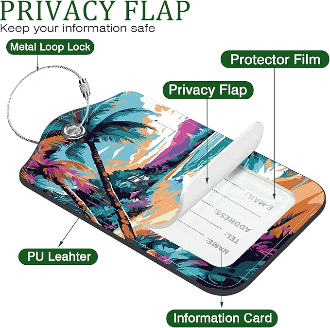 2 PCS Leather Luggage Tags for Suitcase Sea and Beach Coastal Landscape Travel Luggage Tag with Privacy Flap Name ID Label and Metal Loop for Travel Bag Suitcase