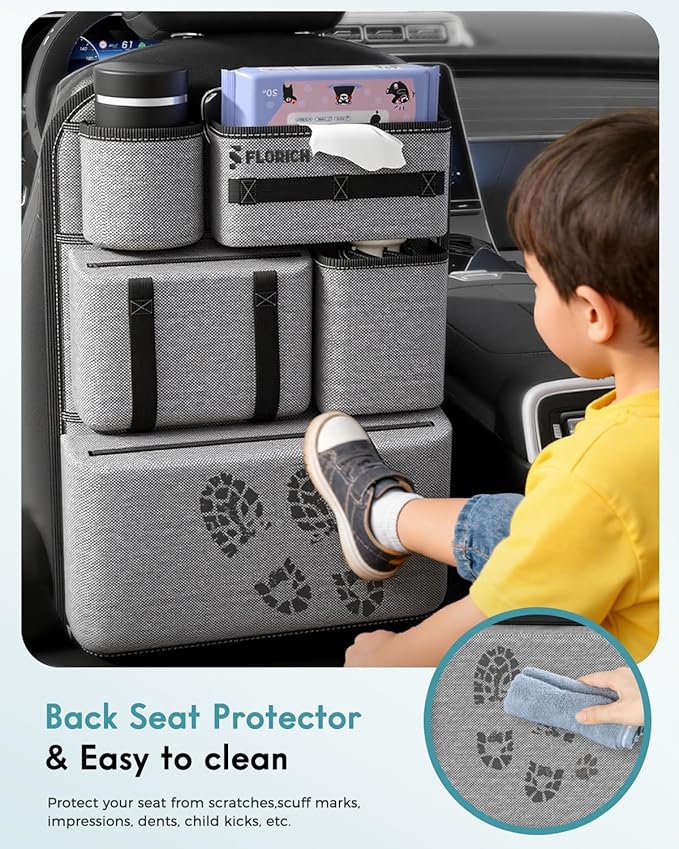 FLORICH 2 PACK PU Coated Fabric Car Backseat Organizer, Durable Large capacity Seat Back Organizer and Storage with 6 Pocket, Kick Mats Back Seat Protector for Kids Universal Fit