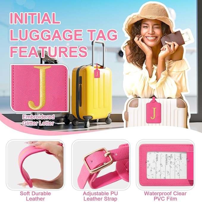 Personalized Initial Cute Luggage Tags - Rose Red Leather with Privacy Cover, Embroidered Custom Monogram for Women Kids