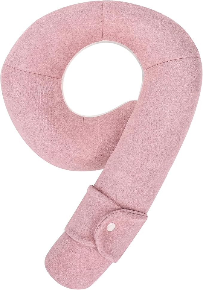 Kids Travel Neck Pillow, Comfortable Head & Chin Support for Car seat & Airplane, Toddler Pillow for Sleeping on Road Trip, Gifts for Child (Pink & Beige)