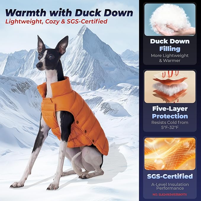 SPACE LION Dog Puffer Jacket, Down Winter Coat, Durable Outdoor Coat for Cold and Windy Conditions, Lightweight & Adjustable Fit Coats for Medium & Large Dogs, (Orange, Size 16 Gift Box)
