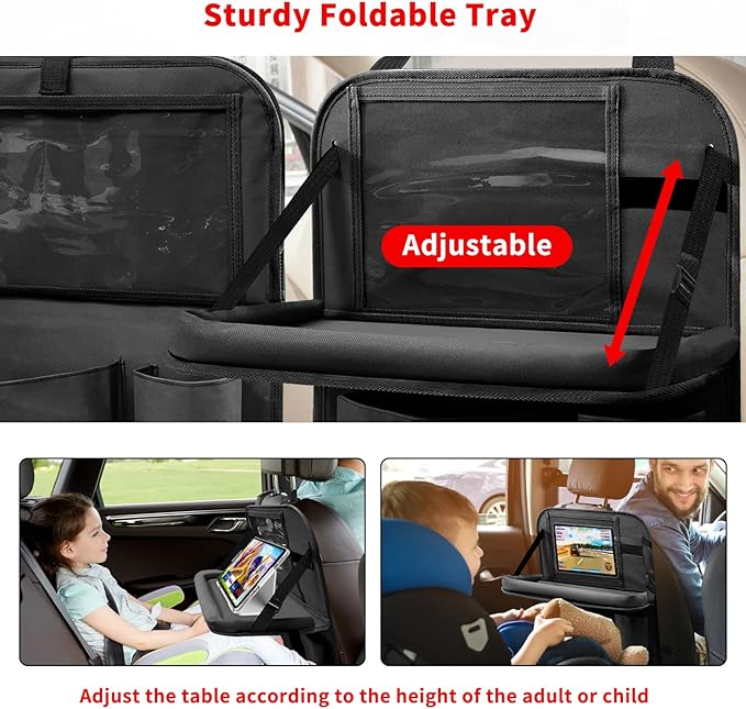Etre Jeune Car Backseat Organizer with Tablet Holder, 6 Storage Pockets Foldable Table Tray Seat Back Protectors Kick Mats Travel Accessories, 2 Pack Black