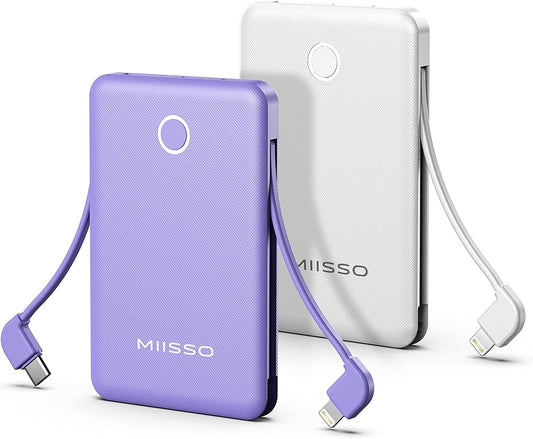 6000mah Ultra Slim Built in Cables Power Bank, Card Size Built in USB C Cords Battery Pack Portable Charger for Phones, 3 Output External Battery Pack Compatible with iPhone, 2-Pack White & Purple