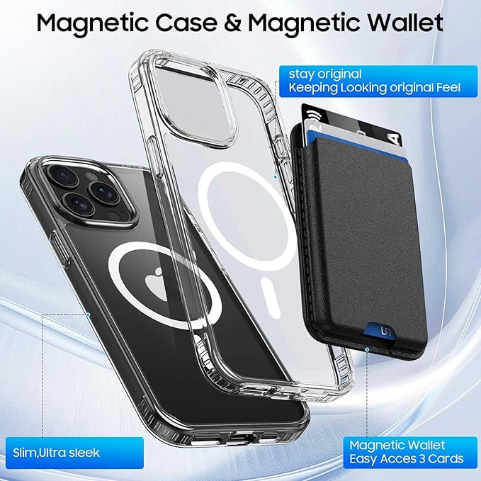 Ntwinro Magnetic for iPhone 15 Pro Clear Case (Compatible with MagSafe) with Black Detachable Wallet & Card Holder for 3 Cards [RFID Blocking] Military Grade Protective Slim Phone Cover