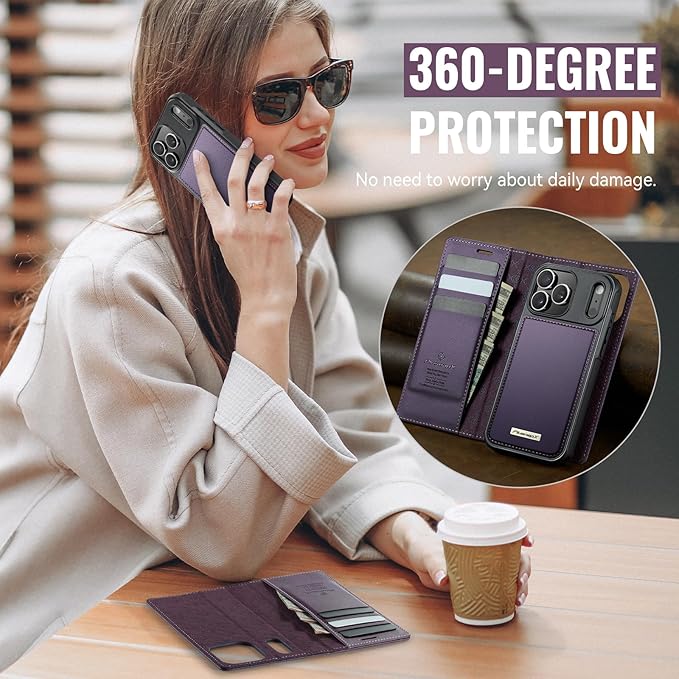 PlusnapX Wallet Case for iPhone 17 Pro Max Compatible with Magsafe, 2-in-1 PU Leather Flip RFID Blocking Card Holder Stand Shockproof Magnetic Detachable Cover for iPhone 17 Pro Max, Fashion Purple