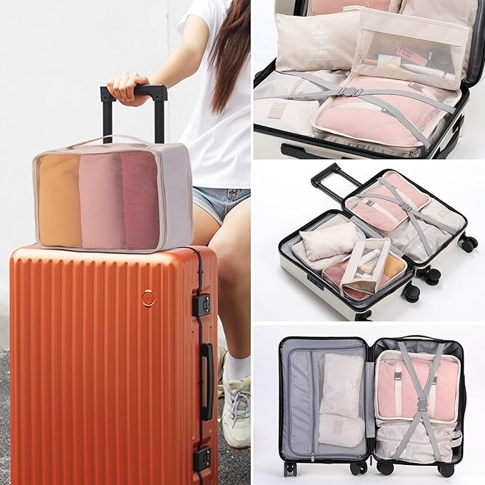 Packing Cubes Storage Bags 9 Pieces-Luggage Organizers Classify Store Clothing Efficiently for Travel Outdoor Home (Beige, 9 Pieces)