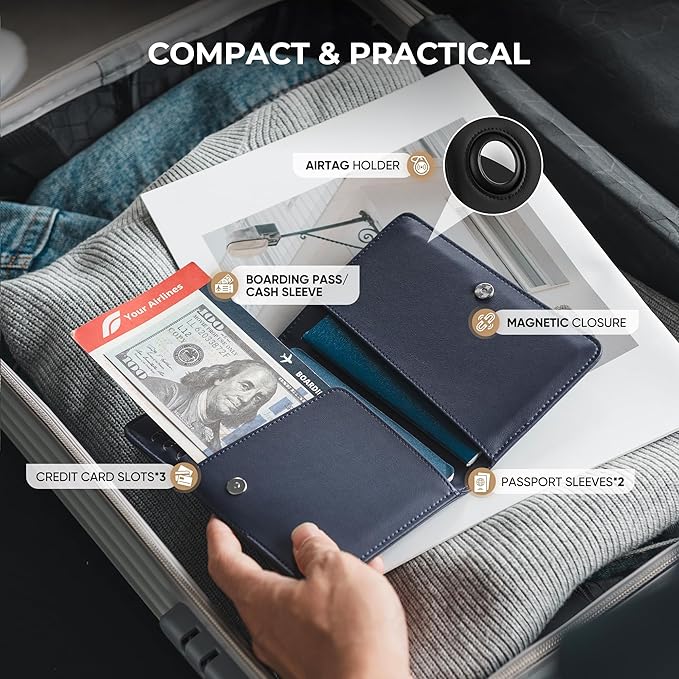 VULKIT Passport Holder with Airtag Slot, Premium Nappa Leather, RFID Blocking Airtag Passport Wallet