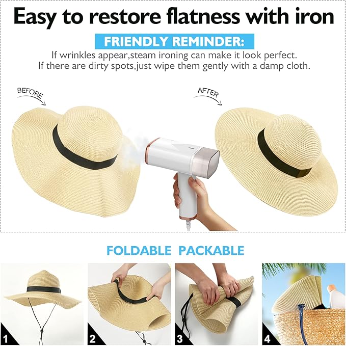 Beach Hats for Women, Foldable Sun Hat Womens UV Protection, Boho Wide Brim Hats for Women, Floppy Straw Visor Hat