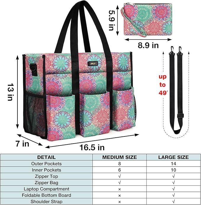 IBFUN Utility Tote Bag with 14/24 Pockets Zip Top Teacher Tote Bag for Teacher/Work Women