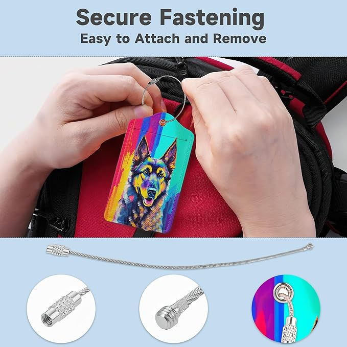 2 Pack Luggage Tag for Suitcase,Art German Shepherd Dog Leather Bag Tags Identifiers Privacy Cover ID Label with Durable Steel Loop for Women Men Kids Girls Travel