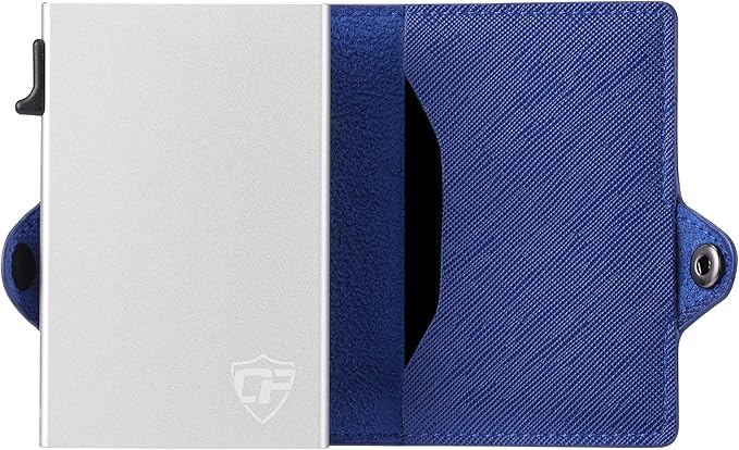 Womens Slim Wallet for Small Purses, Pop Up Wallet with Anti Theft RFID Blocking Credit Card Holder for Women in Navy Blue PU Saffiano