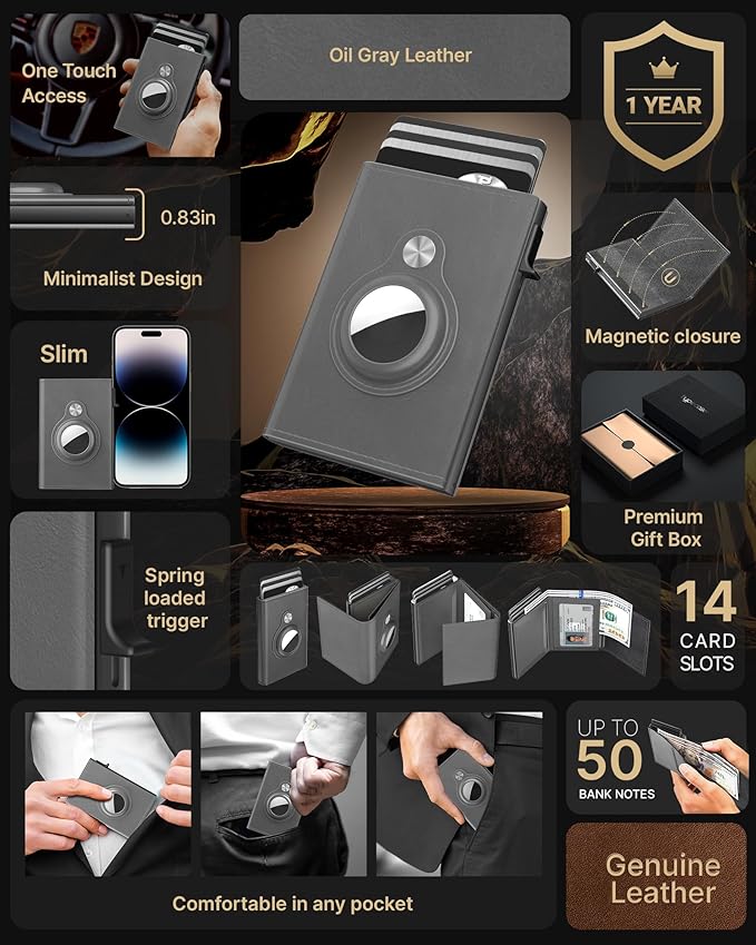 typecase Mens Wallet Card Holder for AirTag: Leather Smart Wallet for Men Compatible with Apple Air Tag, RFID Blocking, Slim, Minimalist - 14 Card Capacity | ID Window | Cash Slot (Grey)