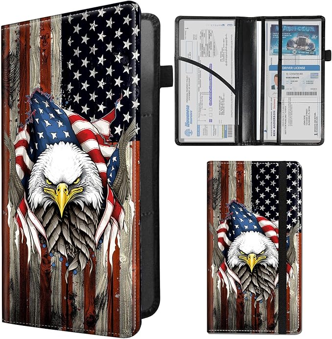 Car Registration and Insurance Holder,Leather Insurance License and Registration Card Holder for Car Glove Box, Auto Truck Document Holder Organizer for Men Women-Eagle on American Flag