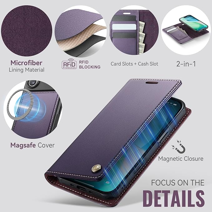 PlusnapX Wallet Case for iPhone Air Compatible with Magsafe, 2-in-1 PU Leather Flip RFID Blocking Card Holder Stand ShockAirof Magnetic Detachable Cover for iPhone 17 Air Case 6.5", Fashion Purple