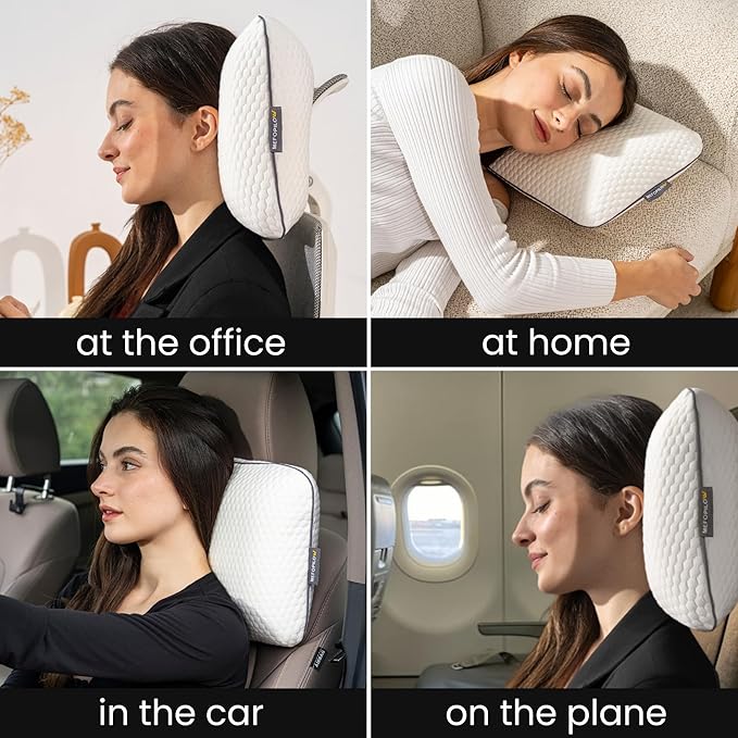 Memory Foam Travel Pillow with Washable Cover & Carry Bag – Compact, Soft & Breathable Neck Pillow for Airplane, Camping & Car (White- Without Spare Cover, 15.7x9.8x3.9 inches)