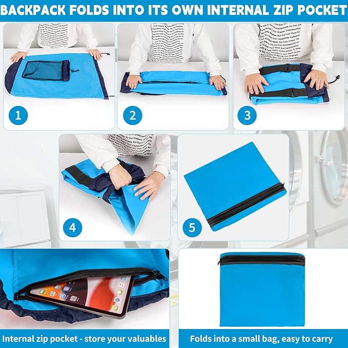 Laundry Bag Backpack with Shoulder Straps and Mesh Pocket Foldable Clothes Hamper Bag with Drawstring Closure for College, Apartment, Laundromat (Blue)