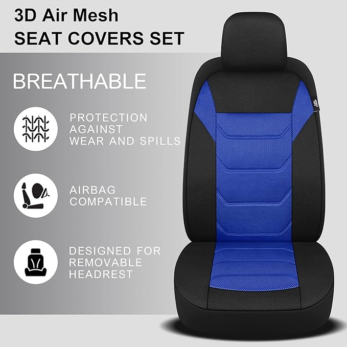 Pariiaotin 3D Air Mesh Car Seat Cover Front Sets Washable and Breathable Premium Cloth Automotive Vehicle Seat Covers for Cars Interior, Universal Fit for Most Cars, Sedan, Truck, SUV(Black/Blue)