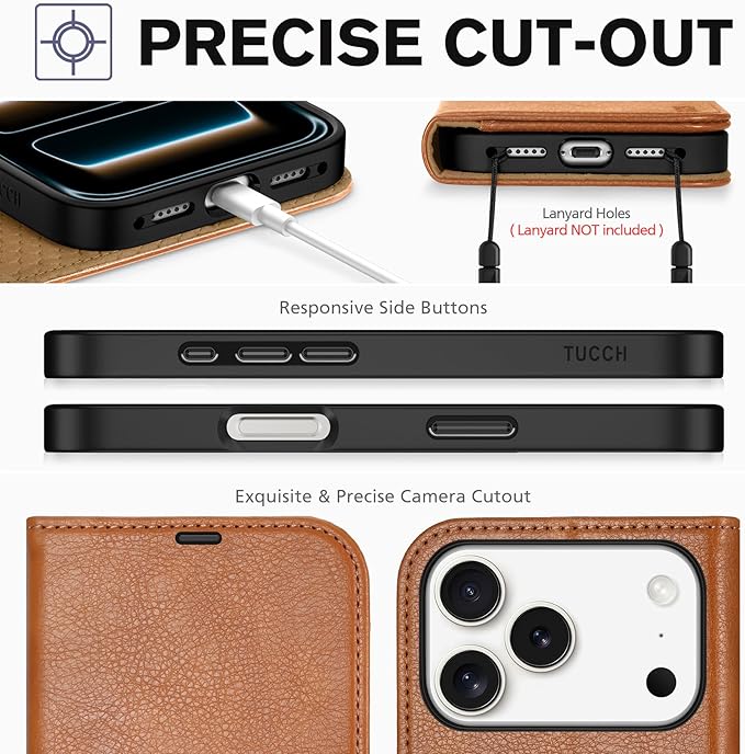 TUCCH Wallet Case for iPhone 17 Pro (6.3") 2025, 4 Card Holders | RFID Blocking | Stand | PU Leather | Magnetic Closure | Protective Flip Folio Cover | Shockproof TPU Shell | Light Brown