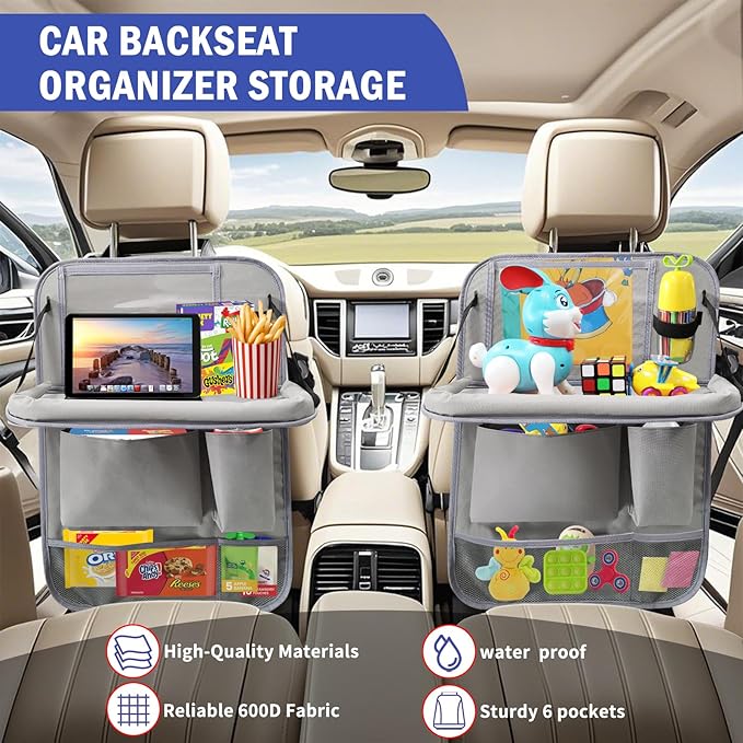 Car Backseat Organizer with Tablet Holder,6 Storage Pockets Car Storage Organizer with Foldable Food Tray,Kick Mats Backseat Protector Travel Accessories (Grey)