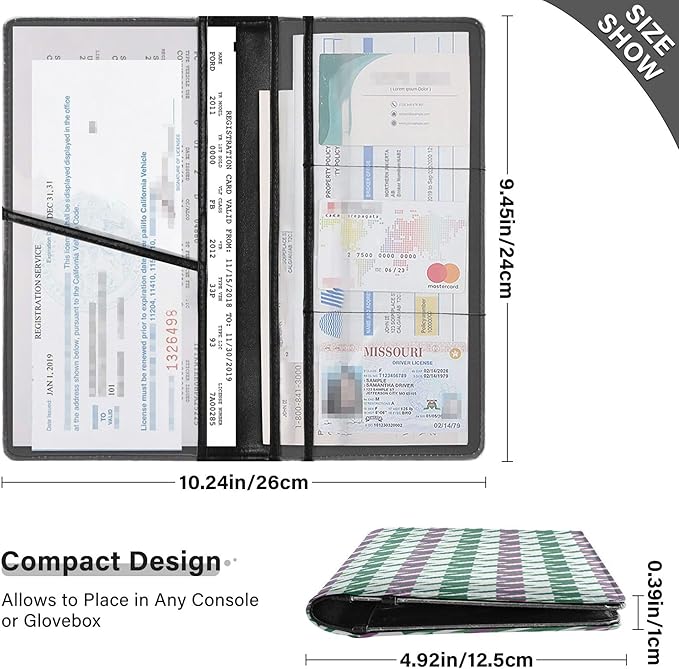 linqin Car Registration and Insurance Card Holder, Houndstooth Purple Green Glove Box Organizer Card Document Wallet