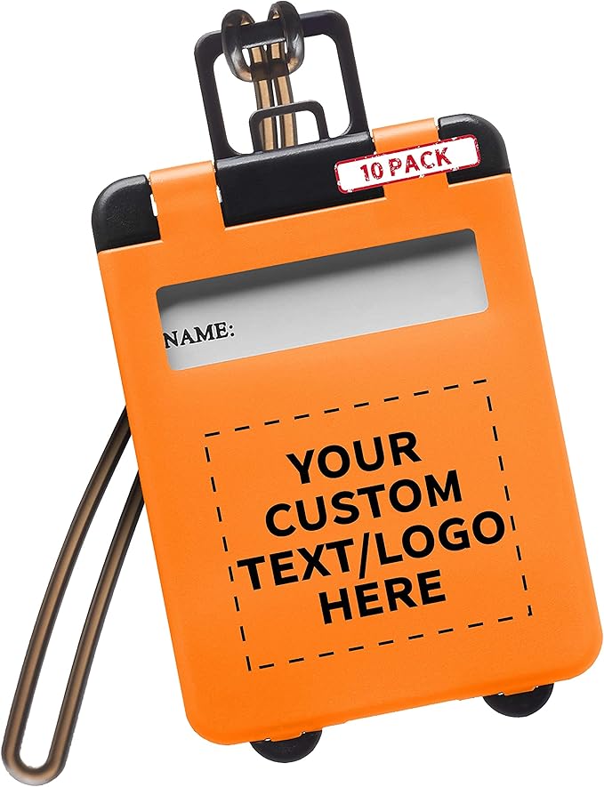 10 Mini Carry-on Luggage Tags Pack - Customizable Text, Logo - Flip Open Cover, ID Sticker - Orange