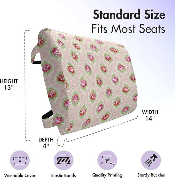 Ambesonne Shabby Flora Lumbar Back Support Pillow, Roses Damask Pattern Botanical Delicate Antique Old Fashioned Style Dotted, High Density Foam for Office Chairs Car Seats, 14" x 13", Green Magenta