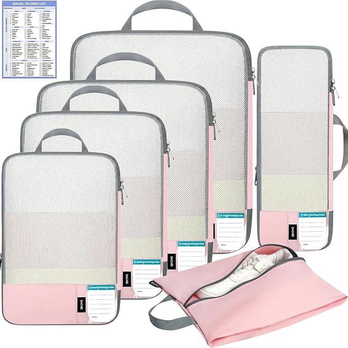 BAGAIL 6 Set/4 Set Lightweight Compression Packing Cubes with Packing List, Anti-Tearing Expandable Organizer Bags for Travel