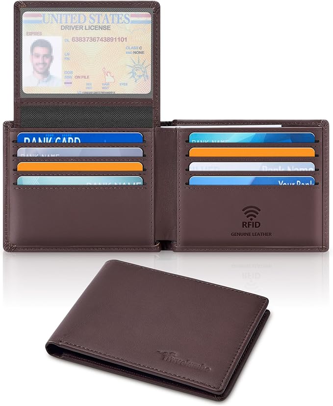 Travelambo Genuine Leather Wallet for Men with Gift Box - Handmade Bifold Stylish - Mens Wallets Rfid Blocking with 2 ID Windows