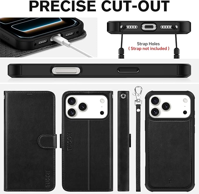 TUCCH 2-in-1 Detachable Wallet Case for iPhone 17 Pro Max (6.9") 2025, Wireless Charging | RFID Blocking 4 Card Holder | Wrist Strap | Kickstand | Magnetic | PU Leather | Protective Flip Cover | Black