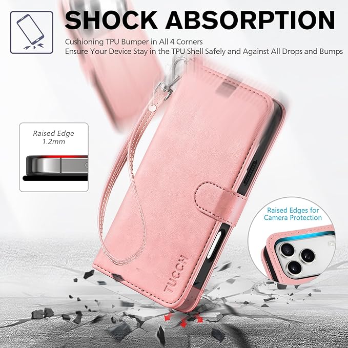 TUCCH Wallet Case for iPhone 17 Pro Max (6.9") 2025, Wrist Strap | 4 Card Slots | RFID Blocking | Stand | Shockproof TPU Shell | PU Leather | Magnetic | Protective Flip Cover | Rose Gold