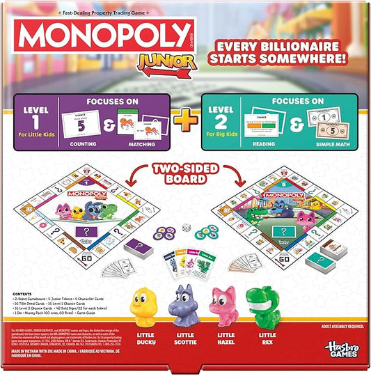 Monopoly Junior Board Game (2026 Edition) | 2 Games in 1 for Younger Kids, 2-Sided Board | Ages 4+ | 2-4 Players | 20 Mins. | Gifts for Preschoolers