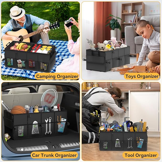 Car Trunk Organizer for SUV 60L Backseat Car Organizer Back Seat Large Storage Trunk Compartment Collapsible Car Caddy Heavy Duty Truck Storage Bin w/6 Pockets Adjustable Straps Cargo Van Jeep Sedan