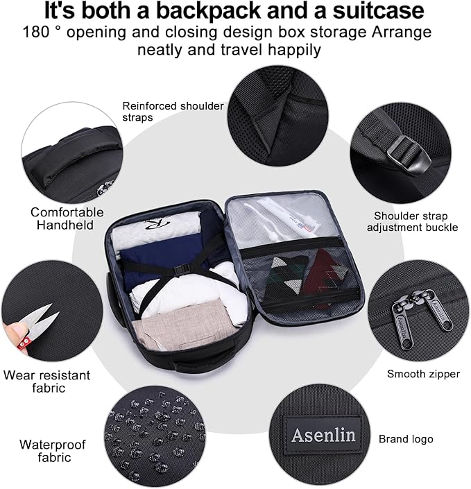 Asenlin Travel Backpack for Women and Men,Fit 15.6 Inch Carry on Backpack Flight Approved Luggage，Weekender Bag Water Resistant Laptop Backpack-Black