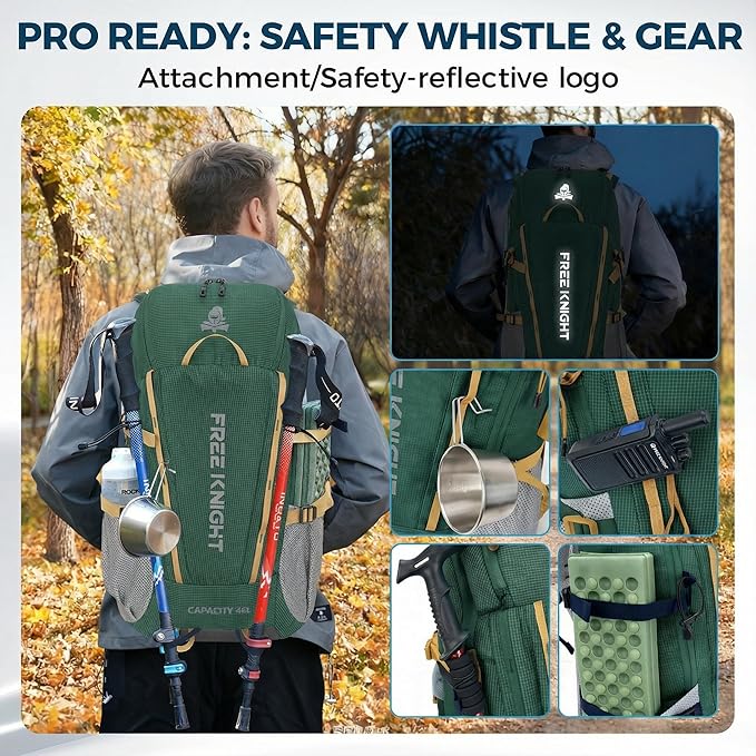 Bseash 45L Waterproof Hiking Camping Backpack with Rain Cover, Outdoor Sport Travel Bag Daypack for Climbing Skiing Cycling (Green)