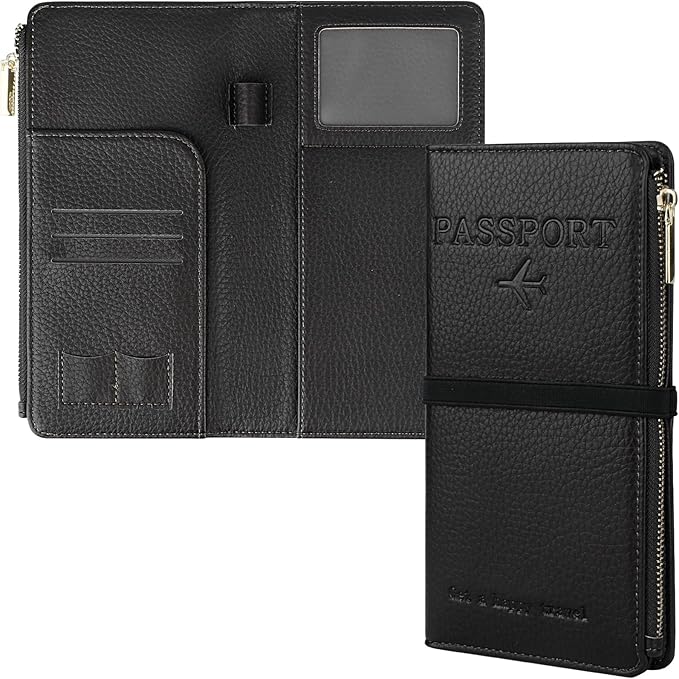 Travel Passport Wallet, RFID Blocking Passport Holder with Zipper, Passport Cover for Women Men, PU Leather Travel Document Organizer with Card Slots, Gift for Family Friends, Black