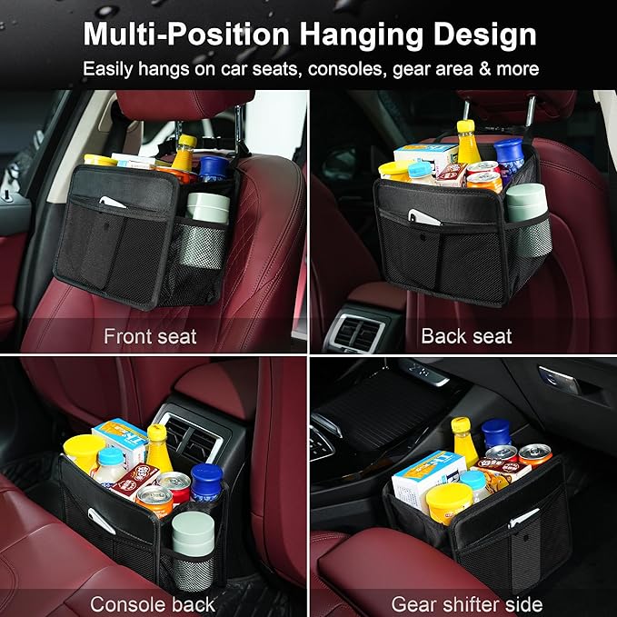 Car Seat Back Organizer Hanging Bag [2025 UPDATED] Foldable Backseat Storage Caddy with 5 Compartments & Adjustable Straps, Fits for Front/Back Headrest, Ultra-Durable - Black