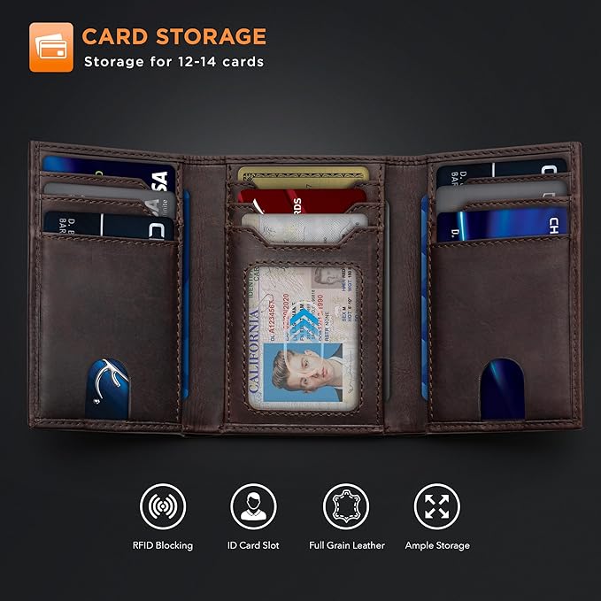 SERMAN BRANDS Trifold Wallet for Men - RFID Blocking Full Grain Leather, 11 Card Slots & ID Window, Slim Everyday Carry, Durable Stitching, Gift for Him