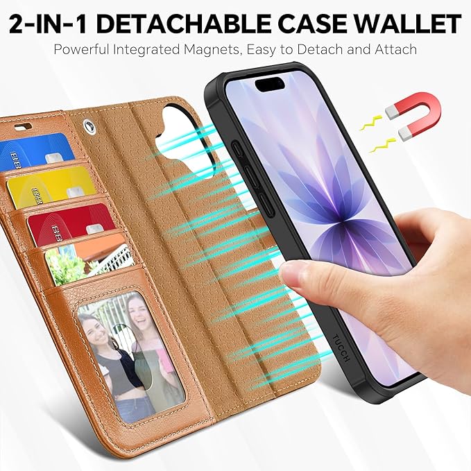 TUCCH Detachable Case Wallet for iPhone 17 (6.3") 2025, Wrist Strap | 4 Card Slots RFID Blocking | Wireless Charging | Stand | 2-in-1 Magnetic | PU Leather | Shockproof Folio Cover | Light Brown