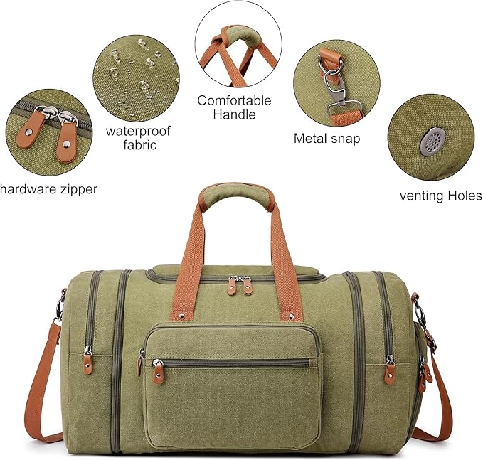 Duffle Bag for Travel, 40L Canvas Travel Duffel Bag With Shoe Compartment And Toiletry Bag, Overnight Weekender Carry On Luggage Bag for Men & Women (Green)