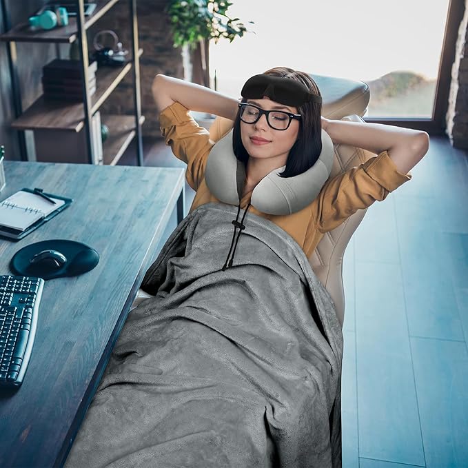 Travel Pillow and Blanket Set Neck Pillows Travel Essentials with Sleep Mask for Airplane Car Memory Foam Grey