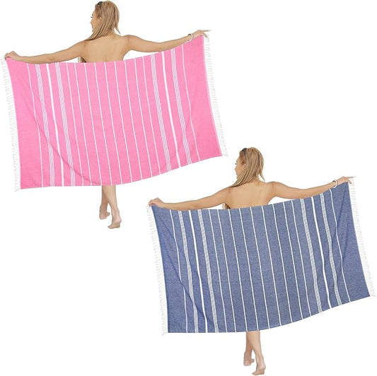 2 Pack Pink+Dark Blue Striped Turkish Weave Cotton Beach Towels, Super Absorbent & Quick Dry, Sand Free & Soft, Oversized 39 x 72 Inches, Adults Travel Towels