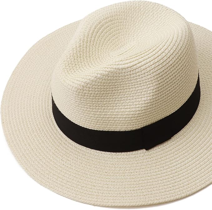 DRESHOW Women Straw Panama Hat Travel Fedora Beach Sun Hat Summer Wide Brim Straw Roll up Hat UPF 50+