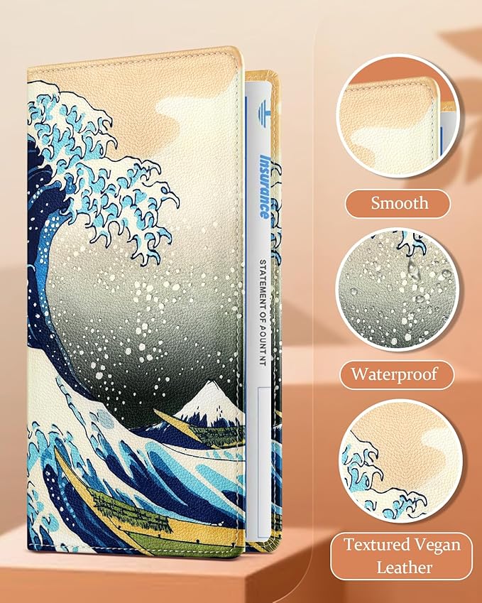 Slohif Car Registration and Insurance Card Holder with Magnetic Shut - Vehicle Glove Box Organizer Women Leather Automobile License Holders Coasters Auto Accessories Case for Document,Wave