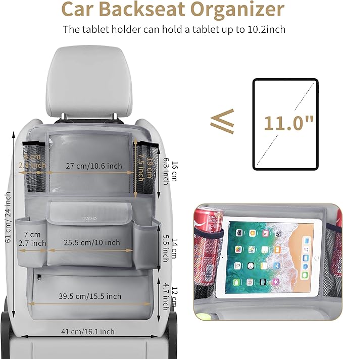 LUCMO Car Backseat Organizer with Touch Screen Tablet Holder,9 Storage Pockets Car Storage Organizer,Protectors Kick Mats Travel Accessories for Kids-Grey