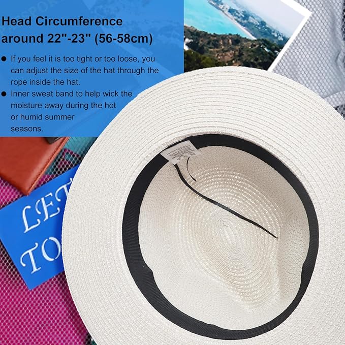 DRESHOW Women Straw Panama Hat Travel Fedora Beach Sun Hat Summer Wide Brim Straw Roll up Hat UPF 50+