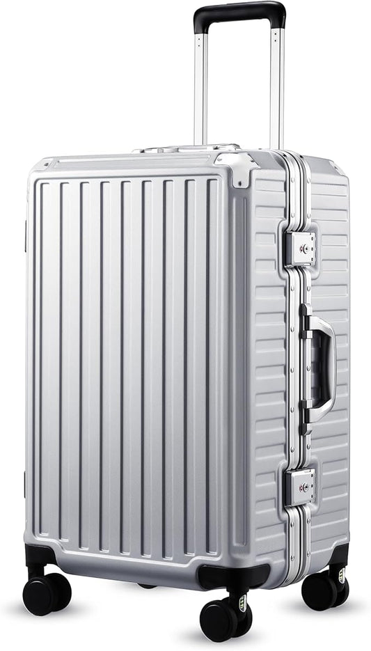 LUGGEX Checked Luggage with Spinner Wheels, 24 Inch Aluminum Frame Zipperless Polycarbonate Hard Shell Suitcase, Silver
