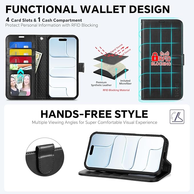 TUCCH 2-in-1 Detachable Wallet Case for iPhone Air (6.5") 2025, Wireless Charging | RFID Blocking 4 Card Holders | Wrist Strap | Kickstand | Magnetic | PU Leather | Protective Flip Cover | Black