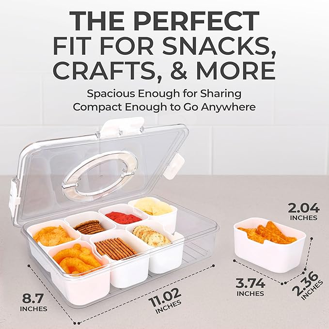 Snackle Box Container with Lid Travel Charcuterie Box with Handle Organizer for Candy, Fruit, Nuts, Veggies, Snacks, Beach Essentials, Portable Lunch Box (Bright White, Large)