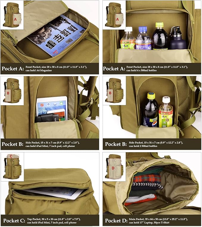 VanBasic Hiking Backpack 70L Large 85L Tactical Backpack MOLLE Military Trekking Rucksack Black